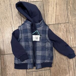 Navy and Gray Plaid Hooded Vest Jacket